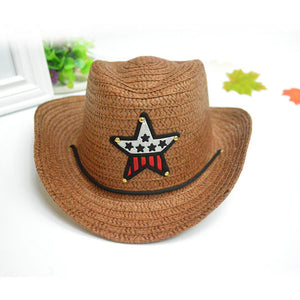 Summer Autumn 54cm Children Caps Cowgirls Cowboy Hats for Kids Stars Pattern Straw Caps with Cable,Funny Birthday Party Hats - 64 Corp
