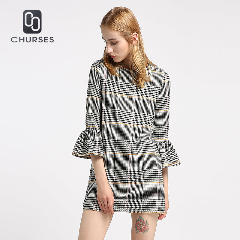 CHURSES 2017 New fashion women plaid dress autumn elegant checkered flare ruffle sleeve loose casual sweet dresses vestidos Gray / S