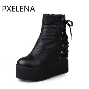 PXELENA Punk Vintage New Womens Boots Comfort Wedge High Heels Boots Shoes Platform Creepers Gothic Ankle Boots Plus Size S-48 - 64 Corp