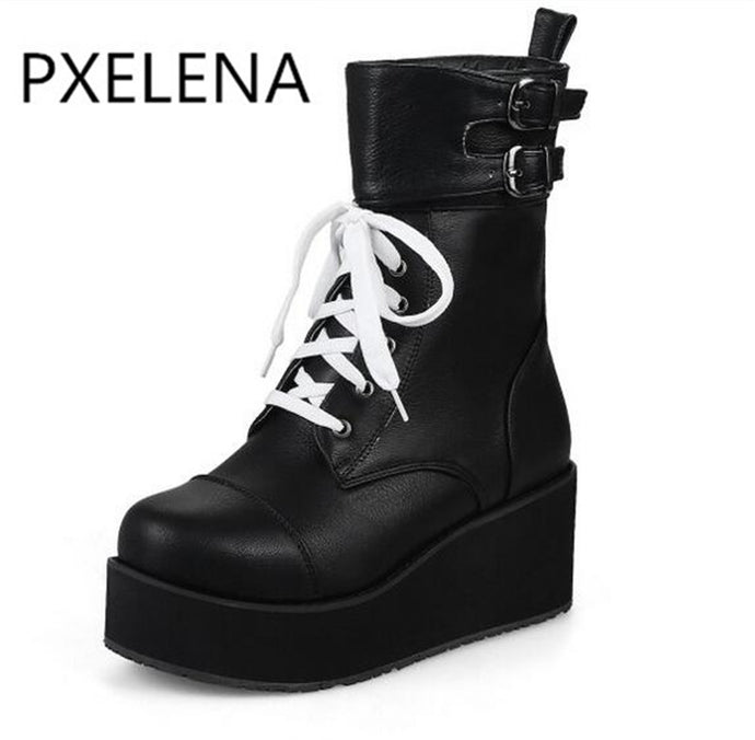 PXELENA Rock Punk Gothic Boots Women Shoes Platform Creepers Wedge High Heels Martin Boots Lace Up Motorcyle Ankle Boots Ladies - 64 Corp
