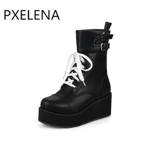 PXELENA Rock Punk Gothic Boots Women Shoes Platform Creepers Wedge High Heels Martin Boots Lace Up Motorcyle Ankle Boots Ladies - 64 Corp