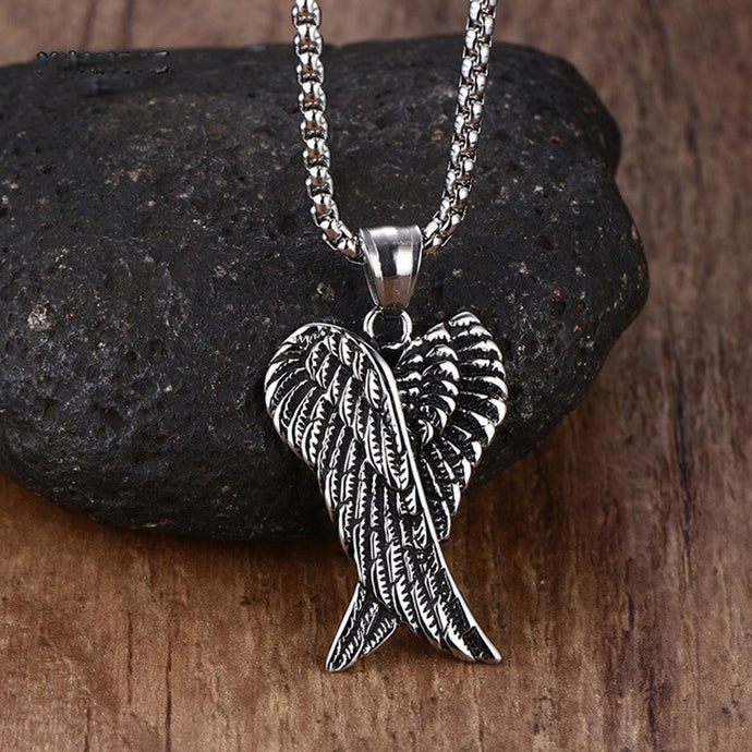 Mprainbow Men Necklaces Stainless Steel Gothic Vintage Double Angel Wings Pendant Collier Kolye Mens Fashion Biker Jewelry 24