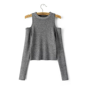 Sexy Women Off Shoulder Long Sleeve Knitted Sweater Solid Skinny Slim Sweater - 64 Corp