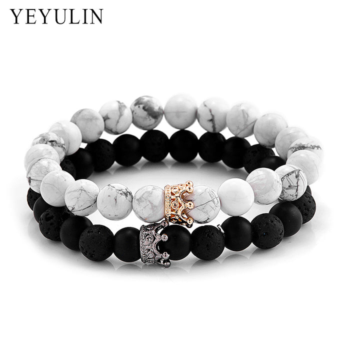 Trendy Black White Stone Beads with Gold Silver Color Alloy Crown Bracelet For Women Men Couple Bangles Jewelry - 64 Corp