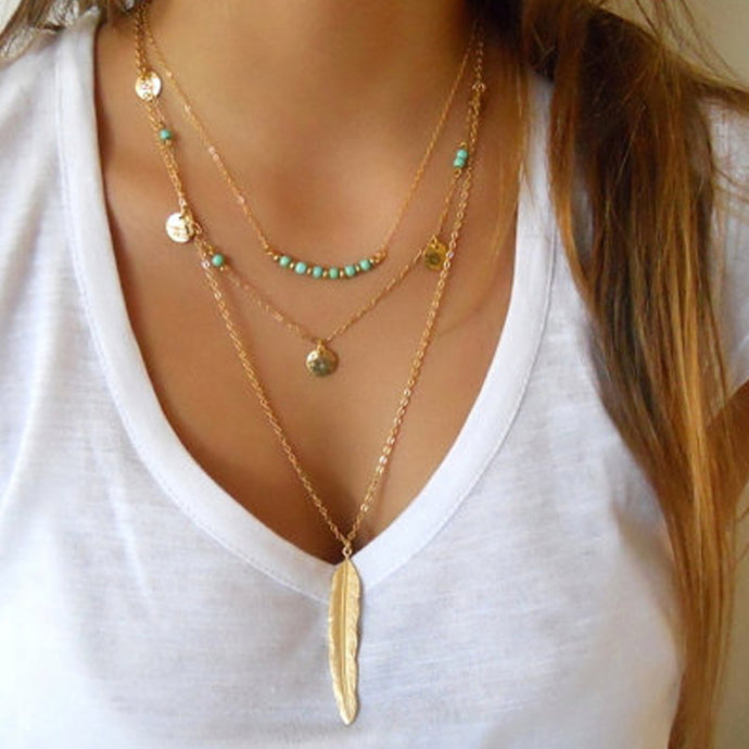 2017 New Fashion Boho Women's Simple Chain Multilayer Necklace Feather Pendant Sequins Tassel Necklace - 64 Corp