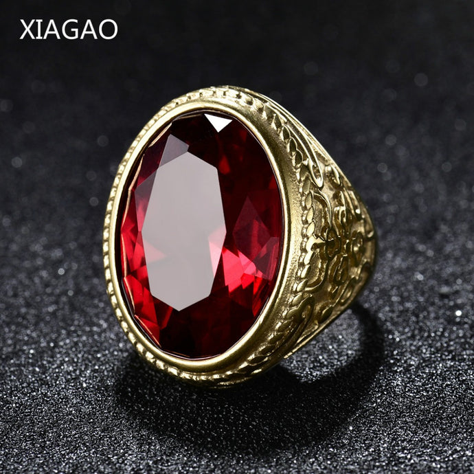 XIAGAO Cool Punk Real 316L stainless steel Red Ring Men's big red Crystal red stones Finger Rings for man Gothic Casting Ring - 64 Corp