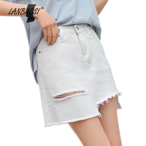 LANBAOSI White Ripped Jeans Miniskirts for Women High Waist Frayed Hem Denim Mini Skirts Cowgirl Female Jean Skirt - 64 Corp