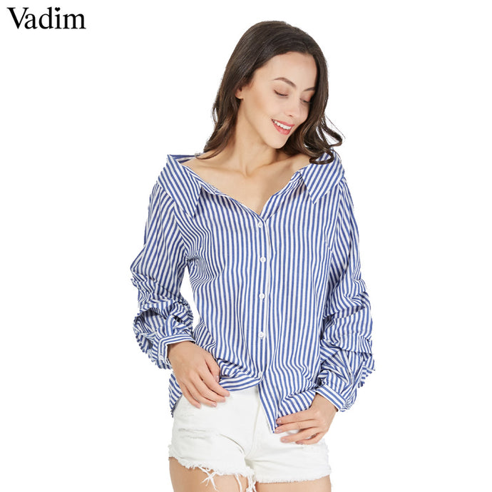 Vadim gathered sleeve striped cotton blouse low cut chic shirts turn down collar elegant female casual brand tops blusas - 64 Corp