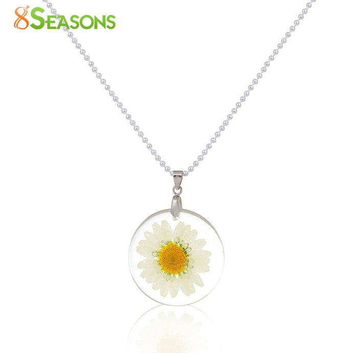 8SEASONS Handmade Boho Transparent Resin Dried Flower Daisy Necklace Ball Chain Silver Color White Round 45cm long, 1 Piece - 64 Corp