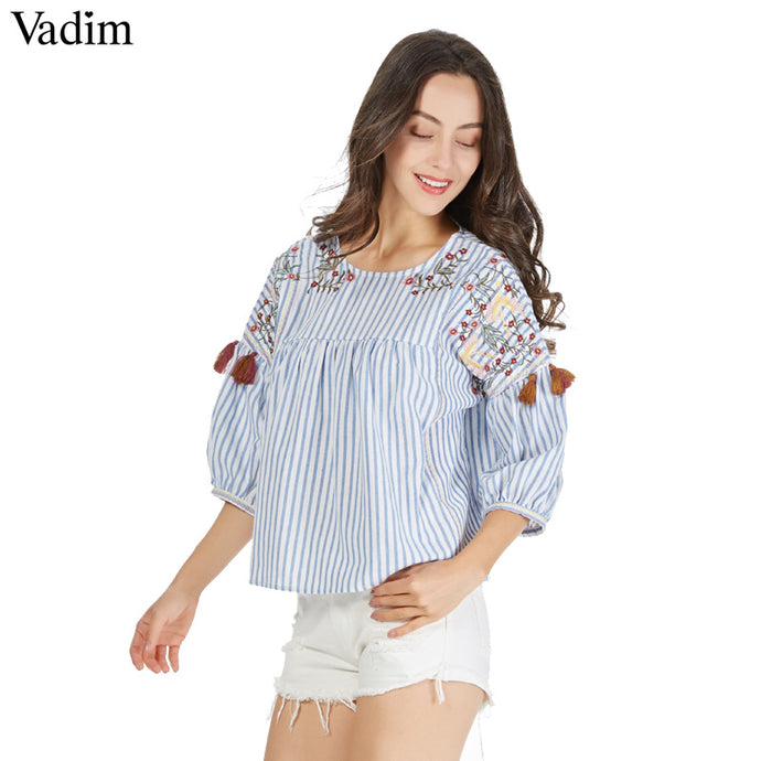 Vadim cute birds embroidery striped pleated shirts tassles half sleeve chic o neck blouse fashion casual loose tops blusas - 64 Corp
