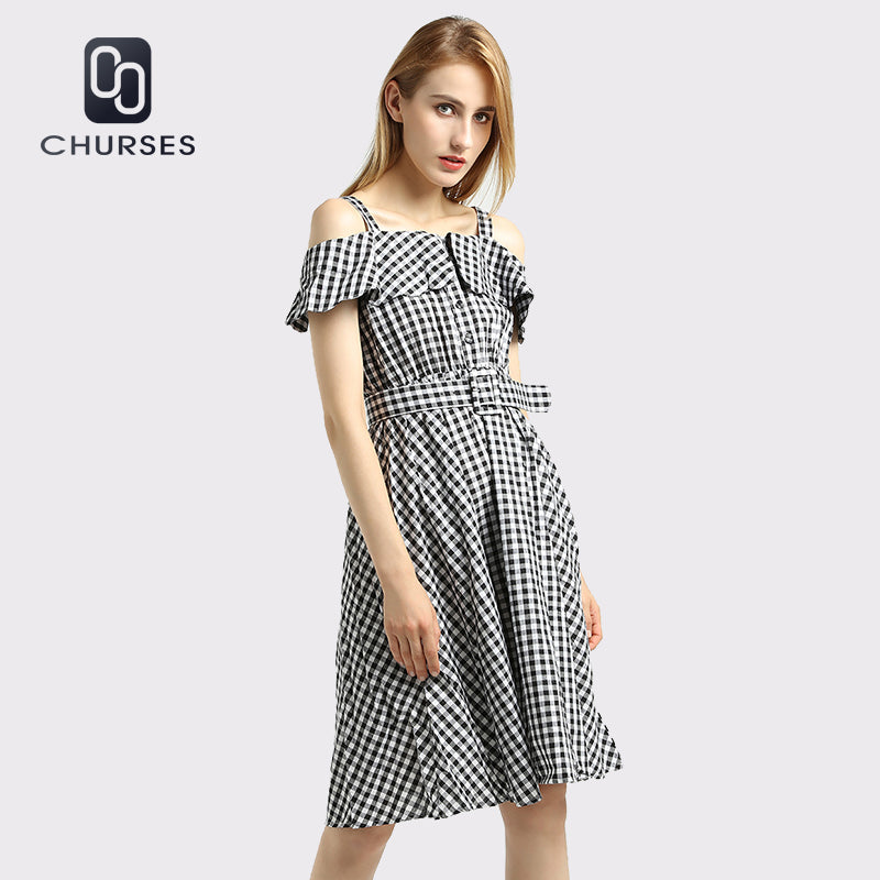 CHURSES 2017 Vintage plaid summer dress women party dresses Ruffle off  shoulder loose dress Black casual vestidos de festa – Sekhon Family Office