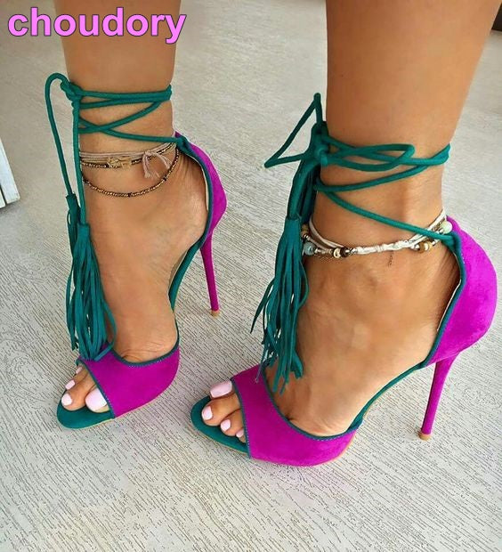 Women Chic Fuchsia Suede Fringe Sandals Concise Ultra High Heels Lace-up Tassel Shoes Rose Red Yellow Cross Tied Dress Pumps - 64 Corp