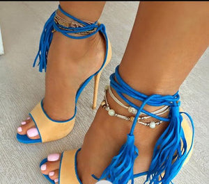 Women Chic Fuchsia Suede Fringe Sandals Concise Ultra High Heels Lace-up Tassel Shoes Rose Red Yellow Cross Tied Dress Pumps - 64 Corp