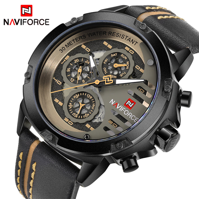 NAVIFORCE Mens Watches Top Brand Luxury Waterproof 24 Hour Date Quartz Watch Man Leather Sport Wrist Watch Men Waterproof Clock Black Brown