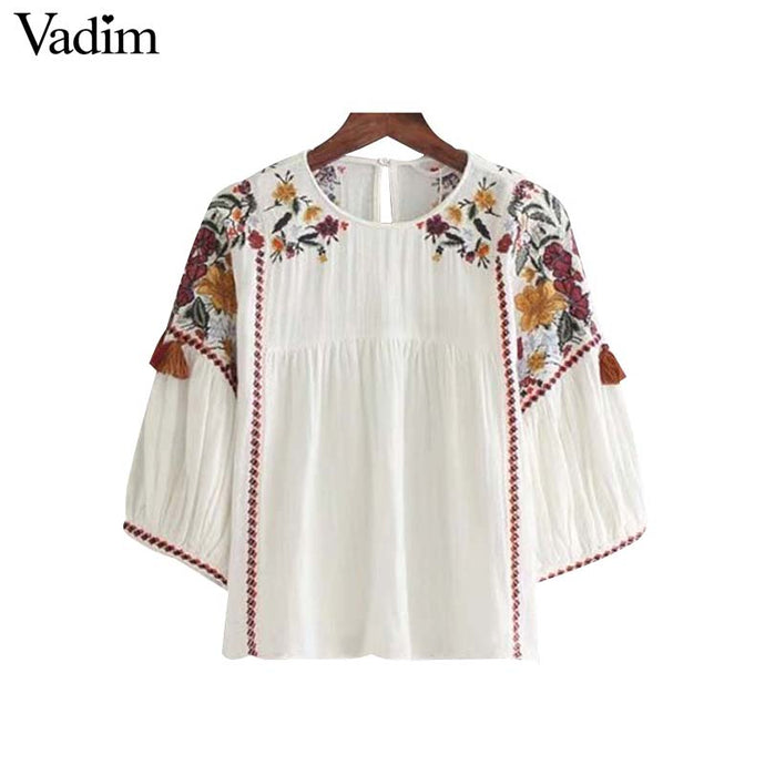Vadim vintage floral embroidery tassles loose shirts oversized half sleeve o neck chic casual blouse fashion tops blusas - 64 Corp