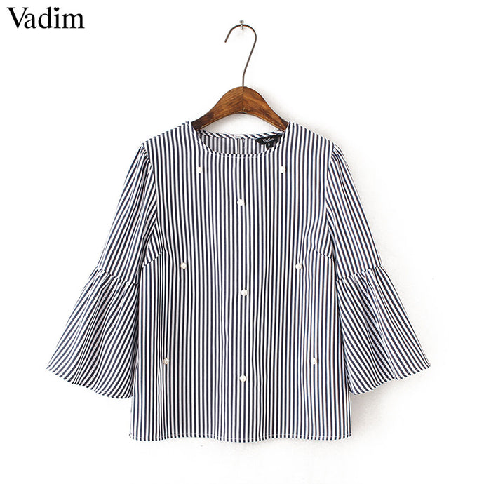 Vadim stylish pearls beading striped shirts flare sleeve cute chic three quarter sleeve blouse ladies fashion casual tops blusas - 64 Corp