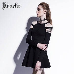 Rosetic Gothic Mini Dress Black Fashion Hollow Autumn Women Casual Dress Dark Street Wild Sexy Preppy A-Line Goth Mini Dresses - 64 Corp