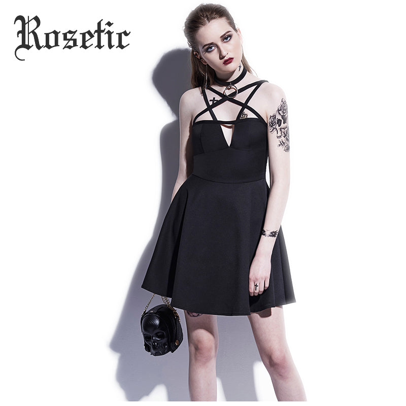 Rosetic Gothic Mini Dress Black Pentagram Summer Women Goth Dress Sexy Fashion A-Line Street Preppy Vampire Gothics Mini Dresses - 64 Corp