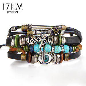 17KM Punk Design Turkish Eye Bracelets For Men Woman New Fashion Wristband Female Owl Leather Bracelet Stone Vintage Jewelry - 64 Corp