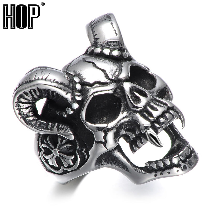 HIP Punk Gothic Casting Evil Damn Vampire Goat Head Bone Ring Titanium Stainless Steel Skull Ring for Men Jewelry - 64 Corp
