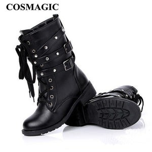 COSMAGIC 2017 New Women Buckle Winter Motorcycle Martin Boots British Style Gothic Punk Low Heel Black Boot Shoe Plus Size - 64 Corp