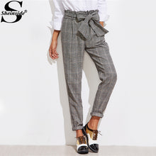 Sheinside Frill Belted Bow Waist Plaid Pants 2017 Mid Waist Long Straight Trouser With Zipper Fly Women Elegant Work Pants - 64 Corp