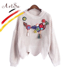 ArtSu 2017 Boho Vintage Knitted Sweater Pullover For Women Autumn Appliques Round Neck Long Sleeve Jumper Pull Femme ASSW20135 - 64 Corp