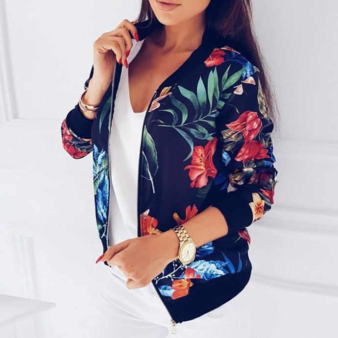 New Ladies Ribbed Trim Flower Print Bomber Jacket Women Autumn Printing Long Sleeve Casual Tops Zipper Jacket Outwear Loose Tops - 64 Corp