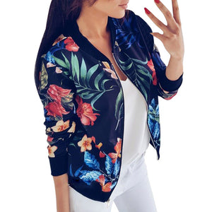 New Ladies Ribbed Trim Flower Print Bomber Jacket Women Autumn Printing Long Sleeve Casual Tops Zipper Jacket Outwear Loose Tops - 64 Corp