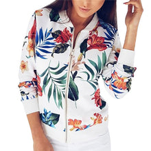 New Ladies Ribbed Trim Flower Print Bomber Jacket Women Autumn Printing Long Sleeve Casual Tops Zipper Jacket Outwear Loose Tops