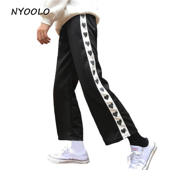 NYOOLO Autumn winter preppy style love printed patchwork elastic waist casual straight pants women/men - 64 Corp