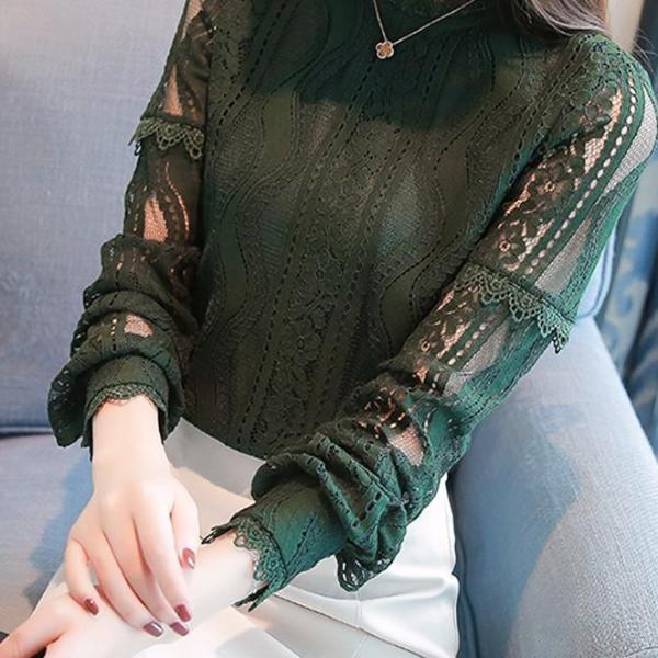 2017 New Arrival Women Tops Fashion Green Lace Blouse Autumn Long Sleeve Plus Size Shirts Hollow Out Renda Blusas Femininas - 64 Corp
