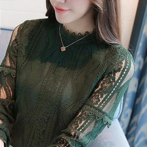 2017 New Arrival Women Tops Fashion Green Lace Blouse Autumn Long Sleeve Plus Size Shirts Hollow Out Renda Blusas Femininas - 64 Corp