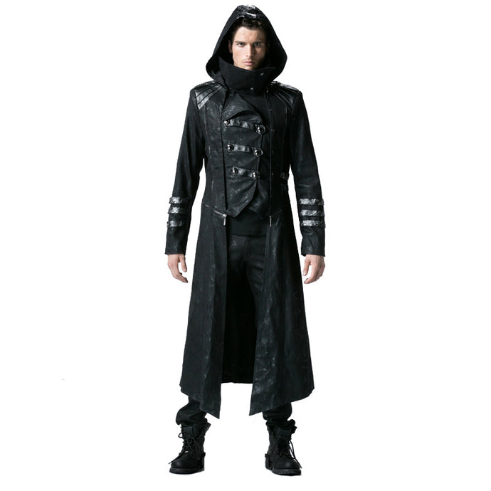 Gothic Black Winter Men's Long Coat Steampunk Twill High Collar Jackets Punk Leather Coats Overcoats with Detachable Hem And Hat - 64 Corp