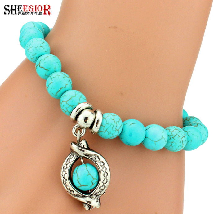 SHEEGIOR Boho Vintage Turquoises Bracelets for Women Men Cross Tree Snake Owl Hand Pendant Charm Bracelet Bangle Fashion Jewelry - 64 Corp