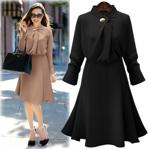 2017 Autumn New Simple Solid Color Defined Waist Dress Long-sleeved Chiffon A-line Dress AXD2047 - 64 Corp