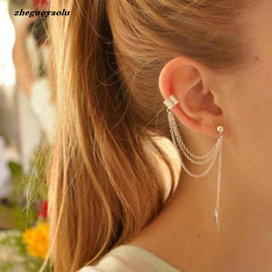 1piece Punk Rock Style Woman Young Gift Leaf Chain Tassel Earrings, Metallic Gold And Silver Jewelry Earrings Ear Clip Wholesale - 64 Corp