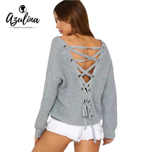 AZULINA Boho V Neck Back Lace Up Pullover Sweater Women Mustard Long Sleeve Casual Jumper Fall 2017 Fashion Sexy Loose Sweater - 64 Corp