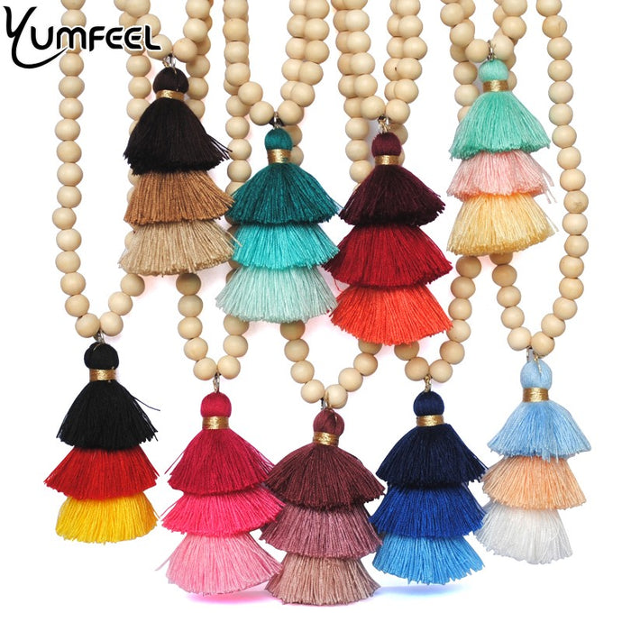 Yumfeel Tassel Necklace Festival 10mm Natural Ivory White Wood Beaded Necklace 3 Layered Cotton Tassels Long Necklace Boho Yoga - 64 Corp