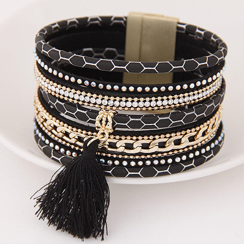 LEMOER Boho Fashion Multilayer Rhinestone Leather Tassel Bracelets & Bangles Magnetic jewelry for women men pulseira feminina - 64 Corp