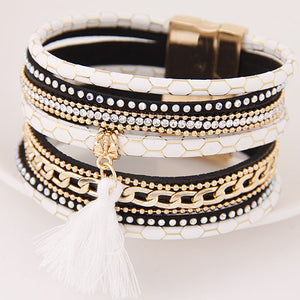 LEMOER Boho Fashion Multilayer Rhinestone Leather Tassel Bracelets & Bangles Magnetic jewelry for women men pulseira feminina - 64 Corp