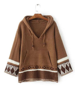 2017 chic boho winter knitted women sweater pullovers ethnic embroidered Nine point sleeve loose Hippie Bohemia Hooded sweaters - 64 Corp