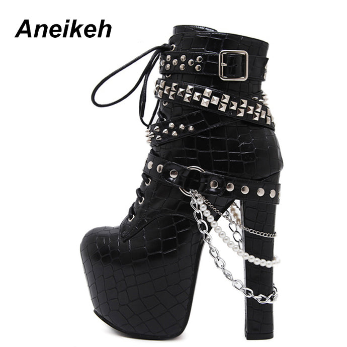 Aneikeh Zip Metal Chains Rivet Motorcycle Boots Women Shoes Super High Heels Platform Ankle Boots Punk Rock Gothic Biker Boots - 64 Corp