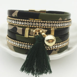 LEMOER Boho Multilayer Army Green Leather Tassel Bracelet magnet buckle Handmade Friendship Jewelry pulseira for Women men Gift - 64 Corp