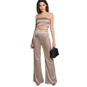 Strapless Satin Solid Bandeau Sexy Top and Matching Pants Set - 64 Corp