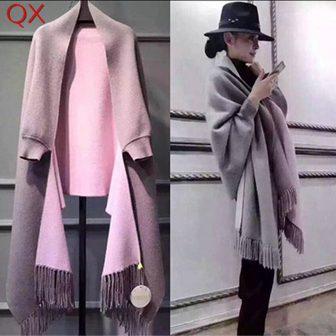 SC2 2017 Oversize Double Side Scarf Winter Faux Cashmere Poncho Women Solid Designer Female Long Sleeves Wrap Vintage Shawl - 64 Corp