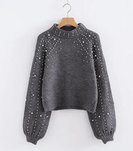 gray knitted boho sweater 2017 winter dot Pearl decoration lantern long sleeve loose hooded loose Hippie women sweater pullovers - 64 Corp