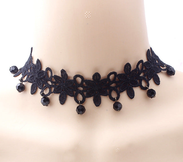 2017 fashion Gothic Victorian Crystal Tassel Tattoo Choker Necklace Black Lace Collar Vintage Women Wedding Jewelry - 64 Corp