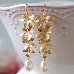 Orchid Floral Shape Gold Color Simulated Pearl Long Dangle Earrings Wedding Bridal Party Luxury Vintage Leaf Earring Jewelry - 64 Corp