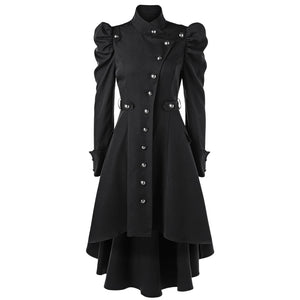 Gamiss Women Winter Puff Shoulder Button Up Dip Hem Trench Coat New Fashion Stand-Up Collar High Waist Outerwear Gothic Coat - 64 Corp